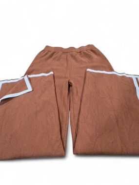 Cozy Wide-Leg Knit Pants in Brown with White Trim